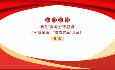 【喜報】—我司黃河土鴨獲4A(鉑金級）“豫農(nóng)優(yōu)品”認(rèn)證！